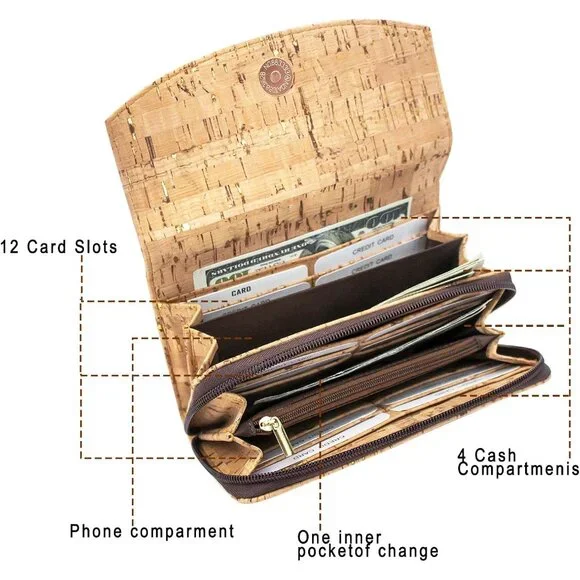 Vegan Cork Wallet Clutch for Women Large Capacity Phone Purse Gift